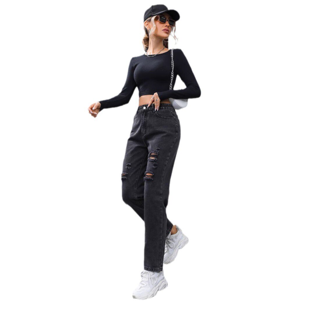 Slim Fit Ripped Straight Leg Jeans Womens Casual Denim Trousers Trendy for Everyday Wear Ready to Ship