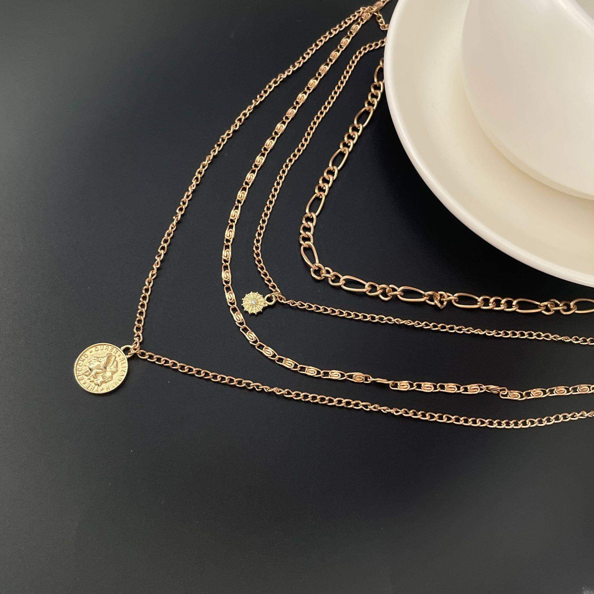 South Korea simple European and American metal portrait coin necklace women's multi-layer stacked light luxury niche temperament exaggerated clavicle chain