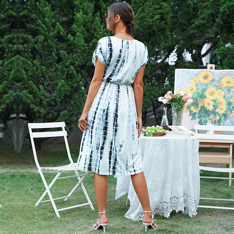 Vintage Floral Tie Dye White Dress Summer Style Bohemian Aesthetic Womens Fashion Wholesale Available