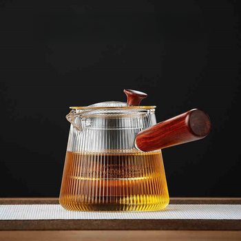 Side-Handle Glass Teapot with High-Temperature Resistant Wooden Handle, Filter, Suitable for Home Use with Electric Ceramic Stove, Kung Fu Tea Set
