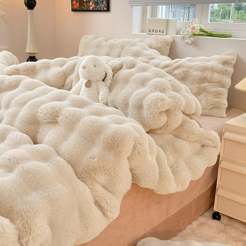 Class A High-weight Rabbit Fur Four-piece Set Winter Light Luxury Bubble Milk Velvet Dormitory Quilt Cover Three-piece Set 8 Jin Double-sided Velvet