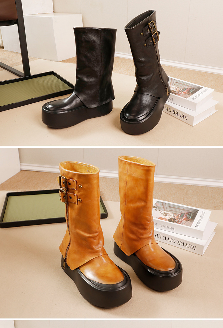 Boot nữ cổ cao da bò thật gót vừa tôn dáng — Màu đen, Màu nâu đậm