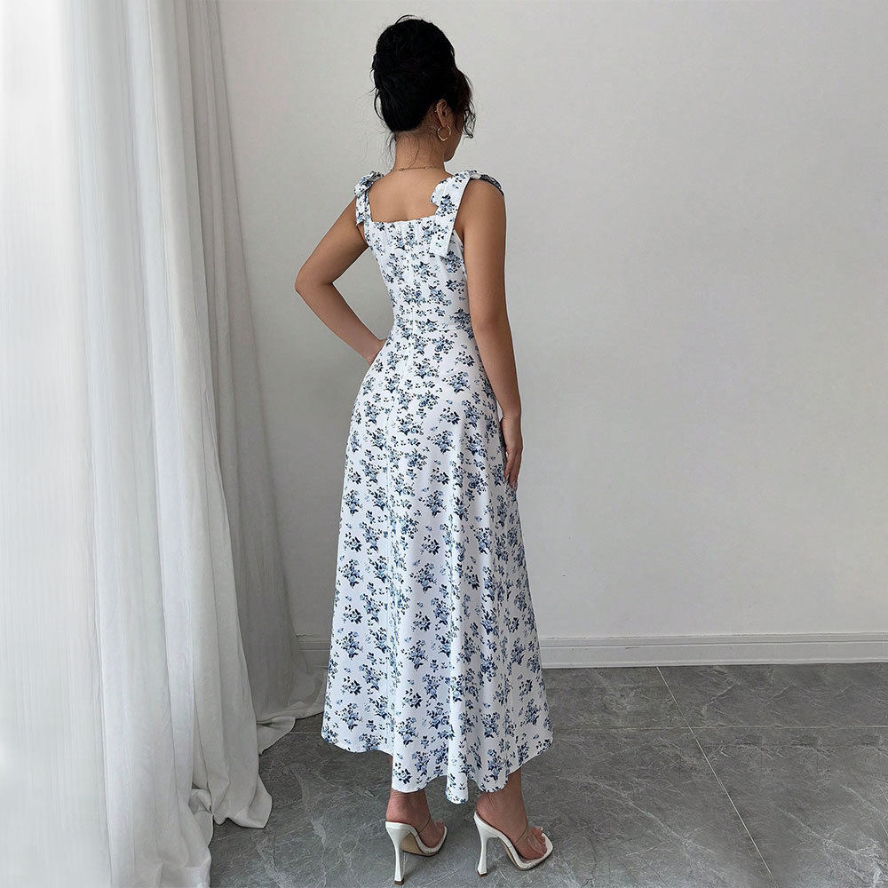 Sweet Floral Print Maxi Dress Square Neck Sleeveless High Slit Summer Casual Wear Wholesale Available