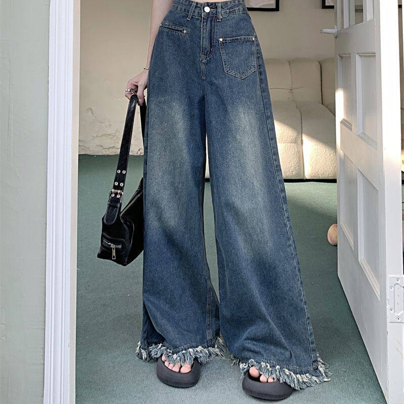 High Waisted Vintage Wide Leg Jeans for Women Loose Fit Frayed Hem Floor Length Autumn Fashion Wholesale Available