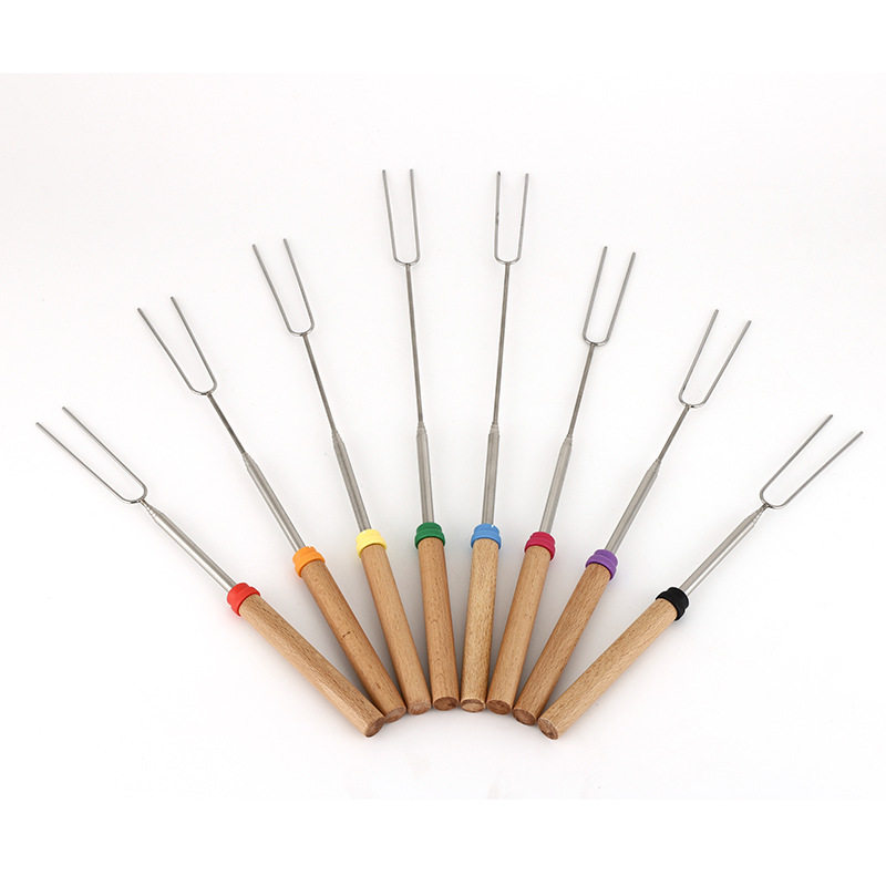 Metal Telescopic Barbecue Set Barbecue Tool Accessories 5 Section Wooden Handle Multifunctional Stainless Steel Telescopic Barbecue Fork