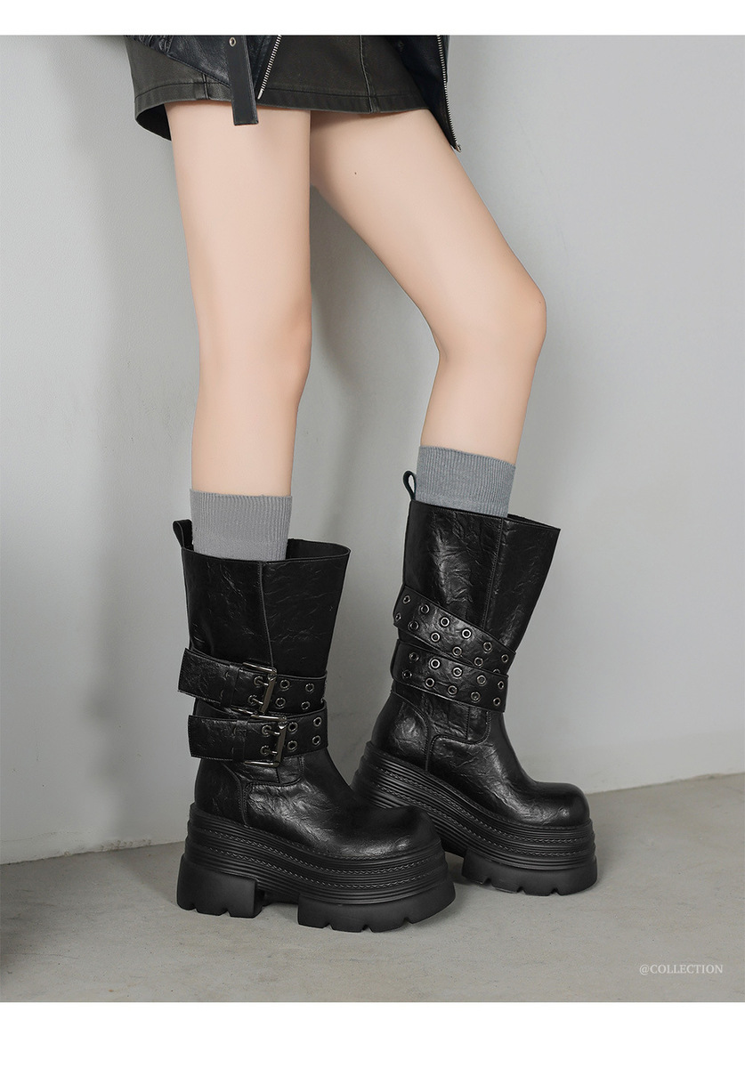 Boot nữ cổ trung đế xuồng cao 10cm khóa thắt lưng da bò — Lớp lót nhung đen, Màu đen một lớp