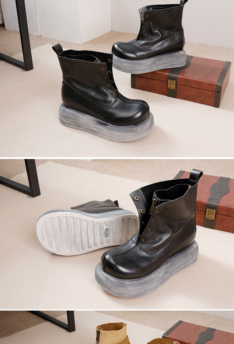 Boot nữ da bò thật cổ thấp khóa kéo phía trước, đế dày gót vừa phong cách cổ điển