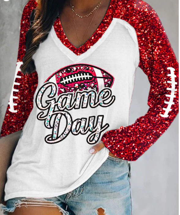 外贸跨境夏季女装简约休闲v领长袖T恤印花T恤女 独立站厂家货源