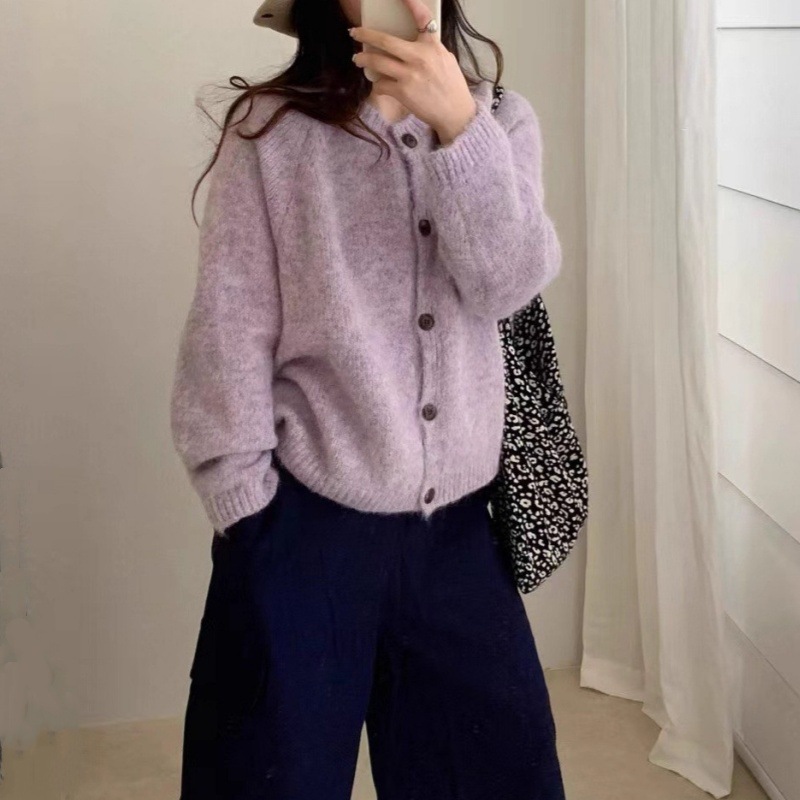 Korean high-end purple knitted jacket for women 2025 autumn...