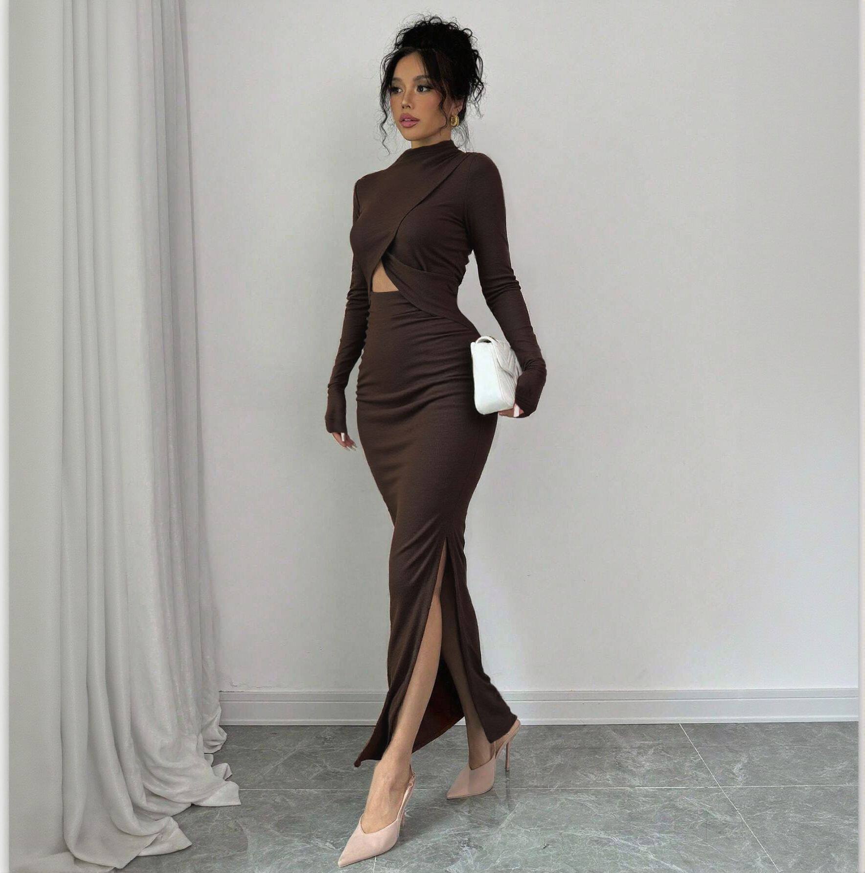 Elegant Long Sleeve Bodycon Dress Sexy Side Slit Waist Cutout Mid Length Spring Summer Fashion Wholesale Available