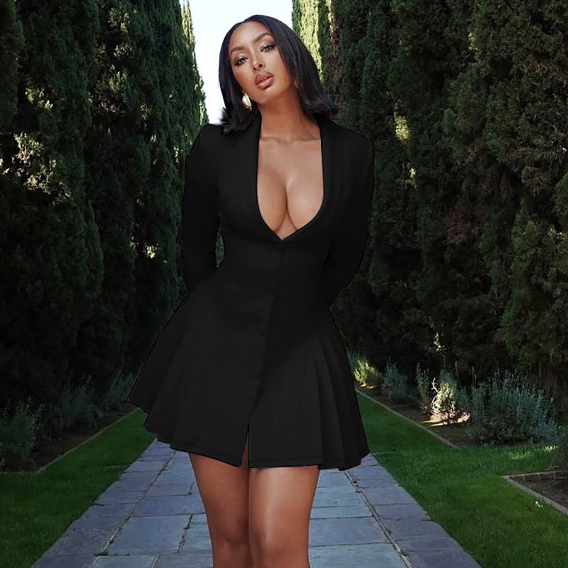 亚马逊跨境新款纯色性感深V西装领开衫御姐风短款荷叶边连衣裙女
