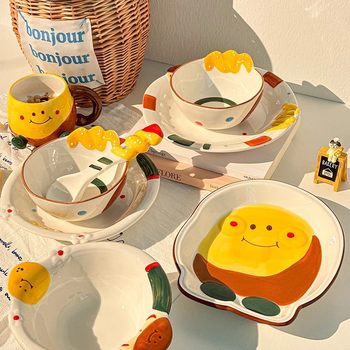 Cute Bowl and Plate Set, Ceramic Tableware, Household Bowl, High-Value Yogurt Bowl for Girls, Breakfast Bowl, Trendy Plate, Spoon
