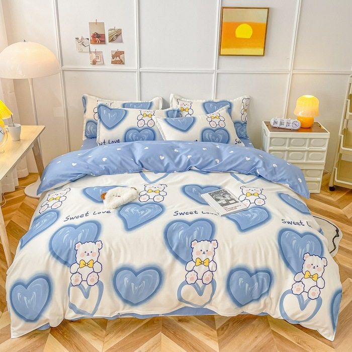 Cross-border foreign trade student bedding dormitory three-piece set four-season cartoon aloe vera cotton four-piece set kit