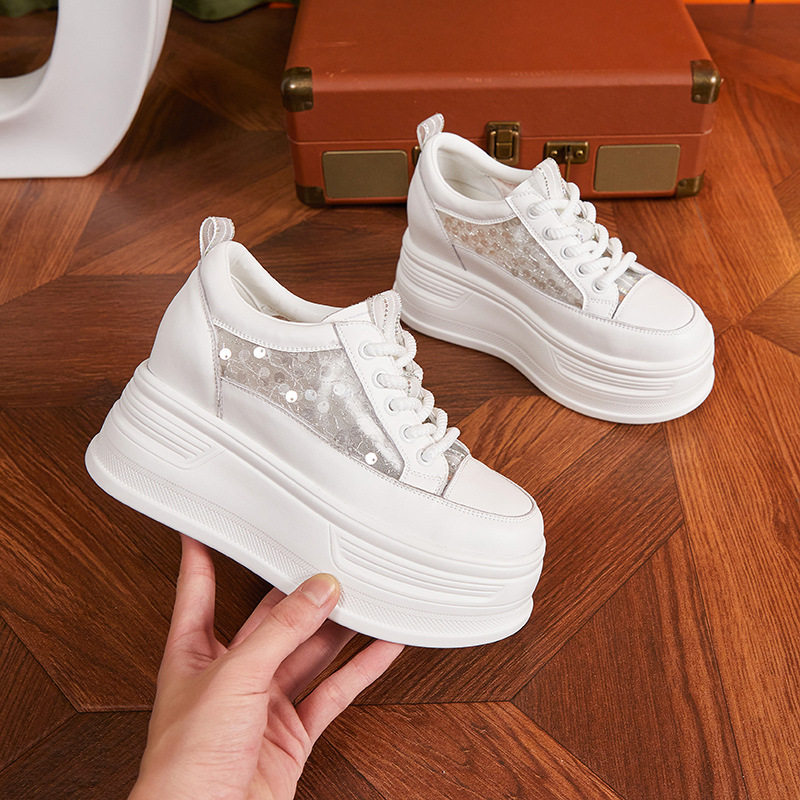 Giày sneaker nữ chunky đế dày lưới thoáng khí phong cách platform — Trắng, Đen