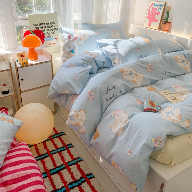 2025 Spring All-Cotton Four-Piece Set with Cartoon Print, Pure Cotton Bedding Set, Duvet Cover, Bed Sheet for 1.2m Bed, Three-Piece Set Wholesale