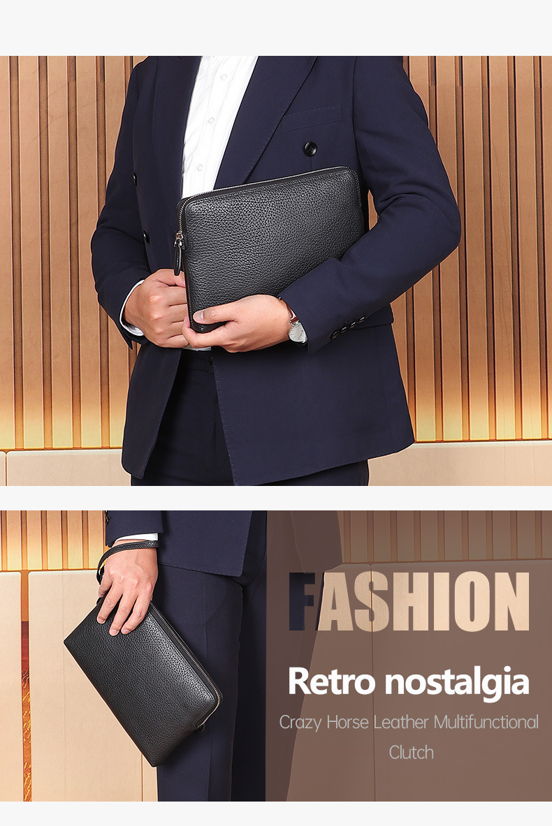 Túi cầm tay nam da bò thật dạng clutch phong bì sang trọng — Màu đen