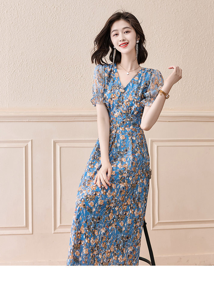 Váy Hoa Nhí Nữ Cổ chữ V Tay Ngắn dáng chữ A Xòe Thắt Eo Màu Xanh Dương chi tiết 9
