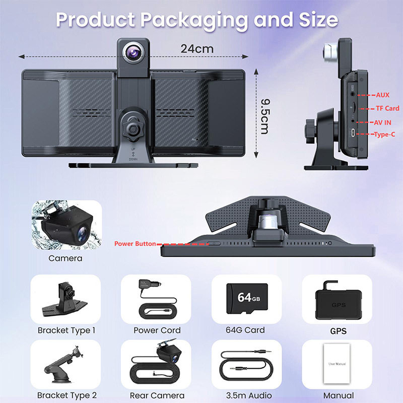 10.26-Inch 4K Car Carplay Auto Navigation Front and Rear Dual-Recording High-Definition Mobile Phone Screen Projection Driving Recorder