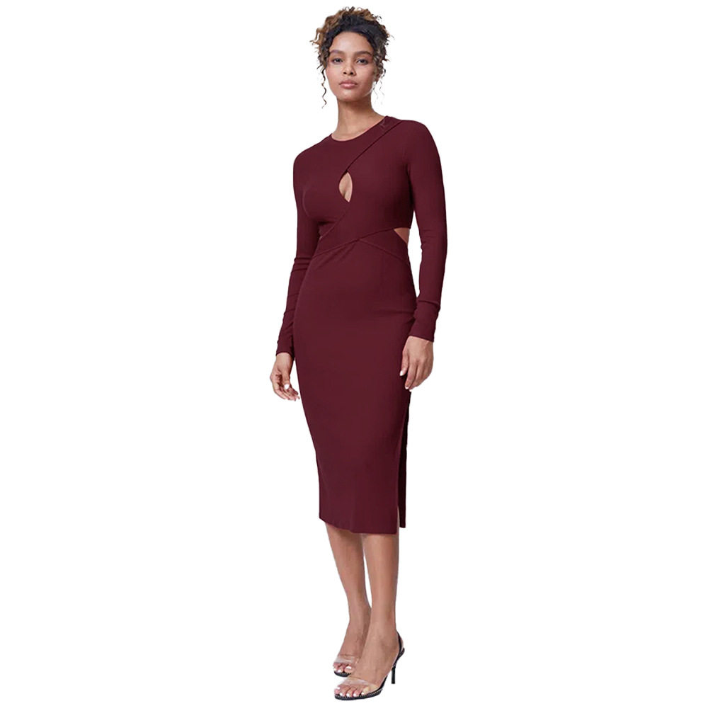 Slim Fit Hollow Out Long Sleeve Dress Solid Color Round Neck Bodycon Side Slit Elegant for Evening Events