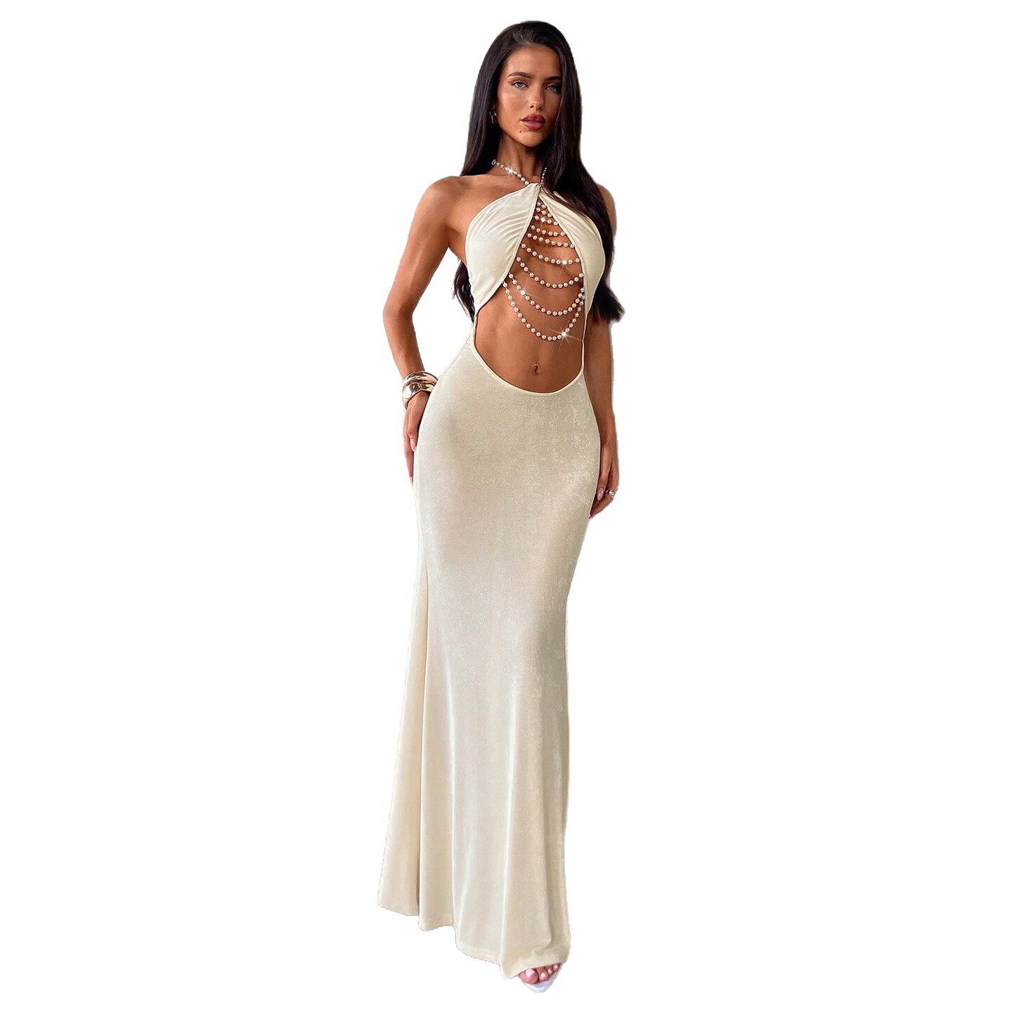 Summer Womens Backless Bodycon Dress Pearl Decor Halter Neck Sexy Fit Perfect for Parties and Night Out Wholesale