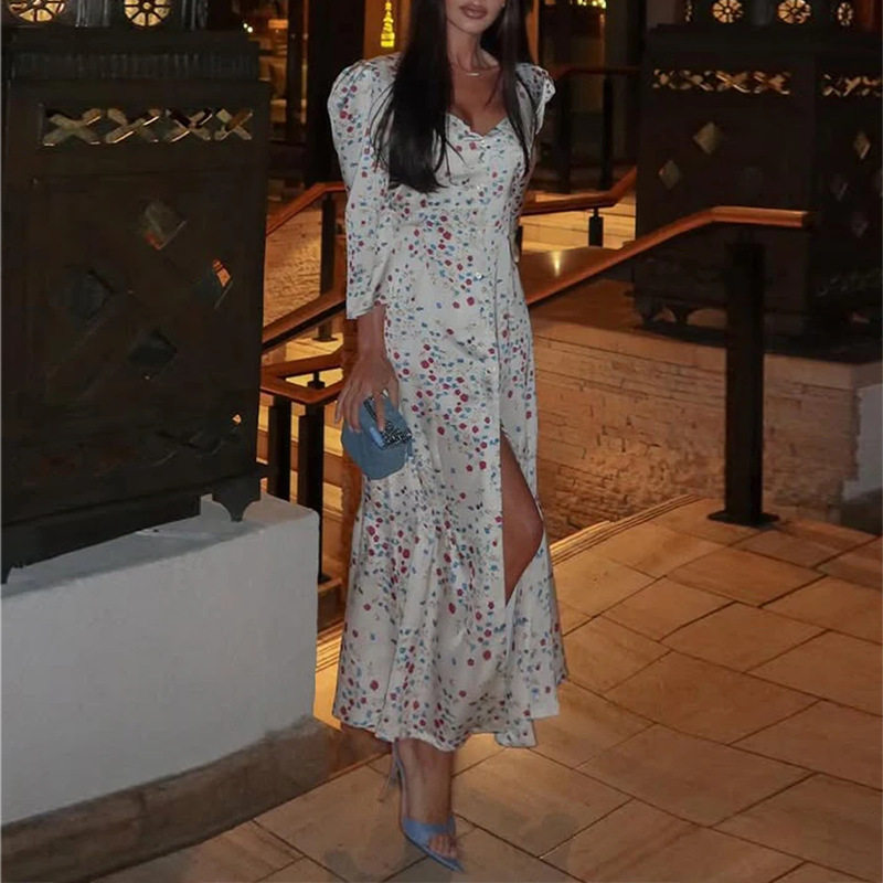 Womens Summer Dress Elegant Floral Print Waist Defined French Style Perfect for Parties and Casual Outings