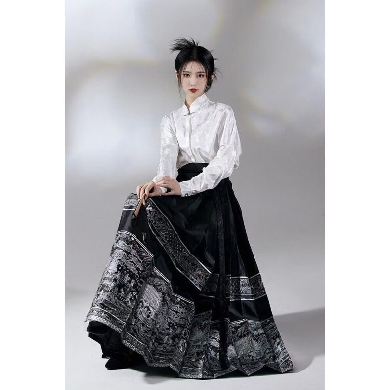 Wind-led One-sleeve Original Hanfu Many People Ming-made Black Horse-faced Skirt Summer Men's and Women's National Style Vertical Collar Short Shirt suit