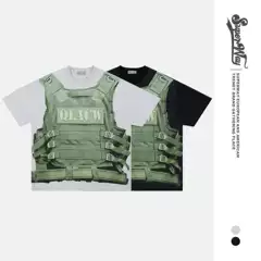 Lanhai Men's Clothing 2025 Spring and Summer New Trendy Brand American Tactical Vest Printed Fake Two-Piece Round Neck Short Sleeve T-Shirt for Men