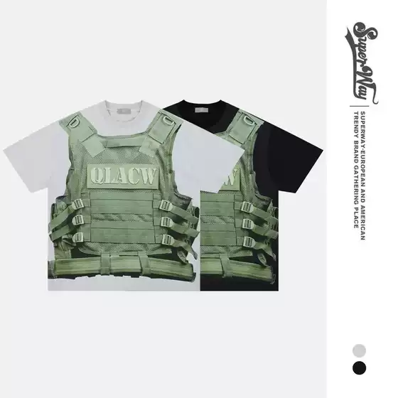 Lanhai Men's Clothing 2025 Spring and Summer New Trendy Brand American Tactical Vest Printed Fake Two-Piece Round Neck Short Sleeve T-Shirt for Men