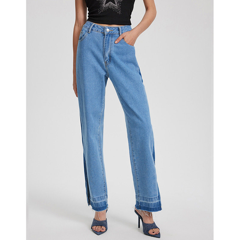 High Waisted Straight Leg Jeans Vintage Inspired Casual Split Hem Design Womens Fashion for Everyday Wear