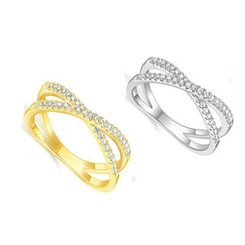 European and American Cross-Border Copper Gold-Plated Cross Micro-Inlaid Zircon Ring Niche Minimalist Ring Fashion Versatile Ring