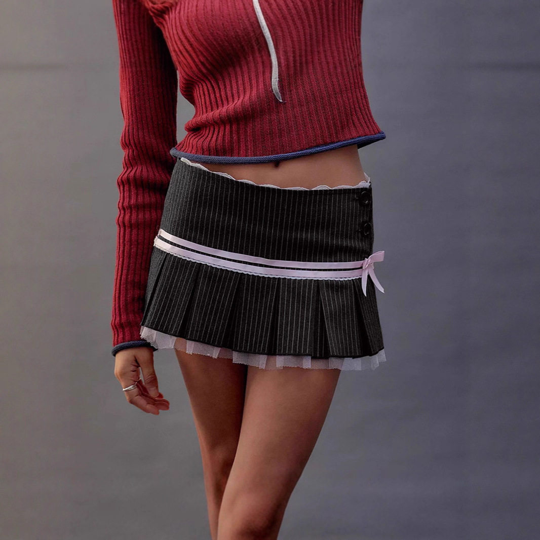 Sweet Striped Pleated Skirt Butterfly Tie Detail Low Waist Summer Fashion Perfect for Casual Outings Wholesale