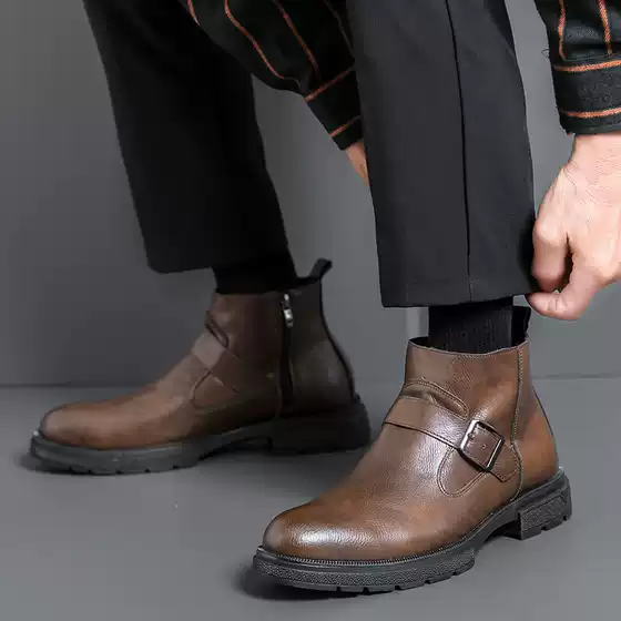 Autumn and Winter New Men's High-Top Round-Toe Casual Fashion British Leather Shoes Side Zipper Short Martin Boots 1306 Wholesale