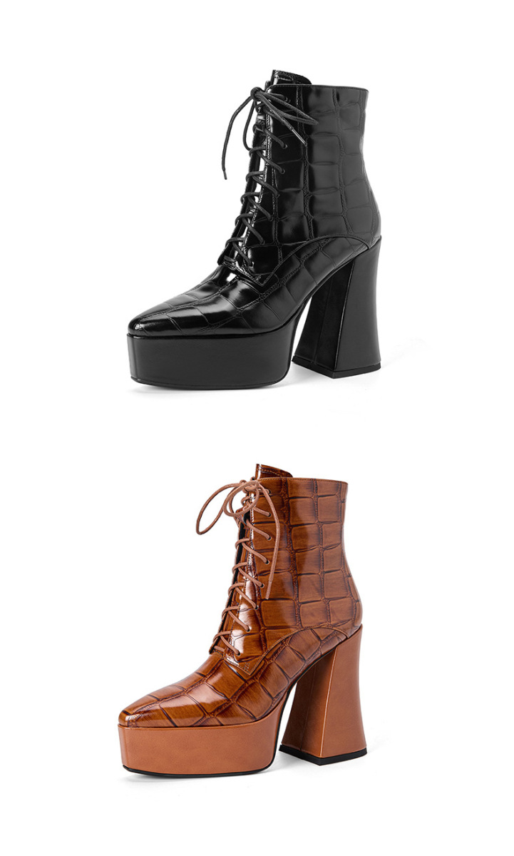Boot Martin nữ da bò vân đá buộc dây gót cao 12cm mũi nhọn — Lớp lót đơn màu đen, Lớp lót đơn màu nâu, Lớp lót nhung đen, Nhung nâu