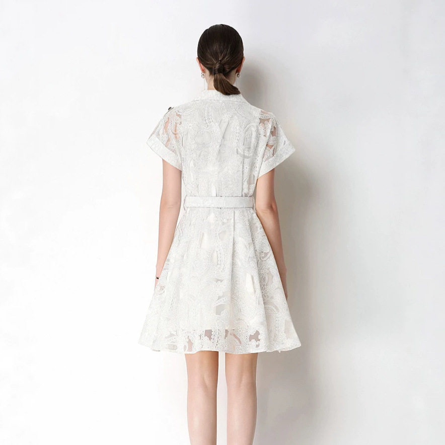 French Romantic Style Embroidered Lace Dress Short Sleeve Hollow Out Slim Fit Summer Fashion Wholesale Available