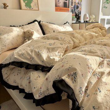 Korean Style Small Ruffled Washed Cotton Double-Layer Yarn Four-Piece Princess Style Dormitory Bed Bed Sheets Three-Piece Set Super Soft Quilt Set