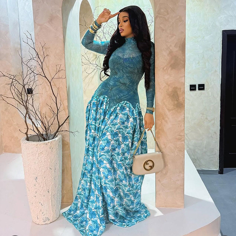 Casual A Line Dress High Neck Elastic Long Sleeves Sheer Patchwork Trendy Street Style for Women Wholesale Available