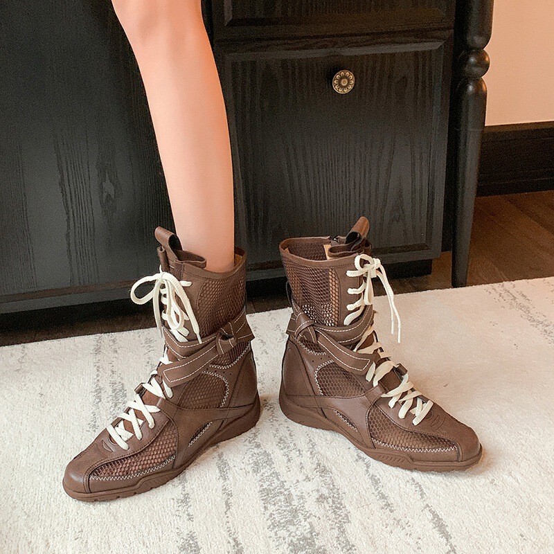 Boot nữ dây buộc phong cách boxing, đế dày, cổ thấp, khóa kéo bên hông — màu đen, Màu lạc đà, Màu nâu