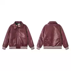 Cross border high-quality American fashion brand Corteiz Devil's Island street PU leather jacket cotton coat wine red jacket jacket