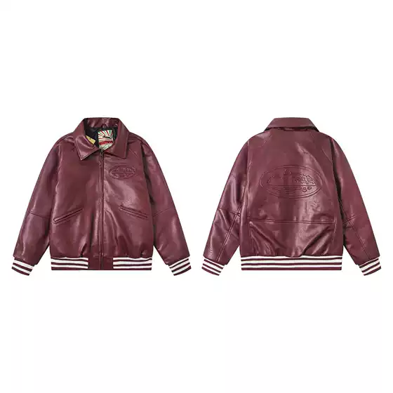 Cross border high-quality American fashion brand Corteiz Devil's Island street PU leather jacket cotton coat wine red jacket jacket