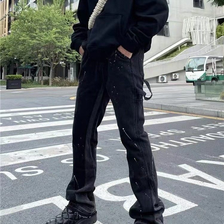 European and American trendy high street ink-splashed splicing vibe style flared jeans for men and women ins loose mopping straight trousers