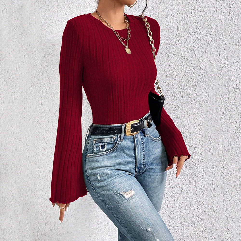 Round Neck Bell Sleeve Burgundy T Shirt Spring Summer Fashion Versatile Office Wear Wholesale Available