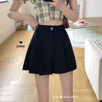 A word pleated skirt pants high waist wide pine nuts straight leg pants autumn thin shorts women's black casual pants new
