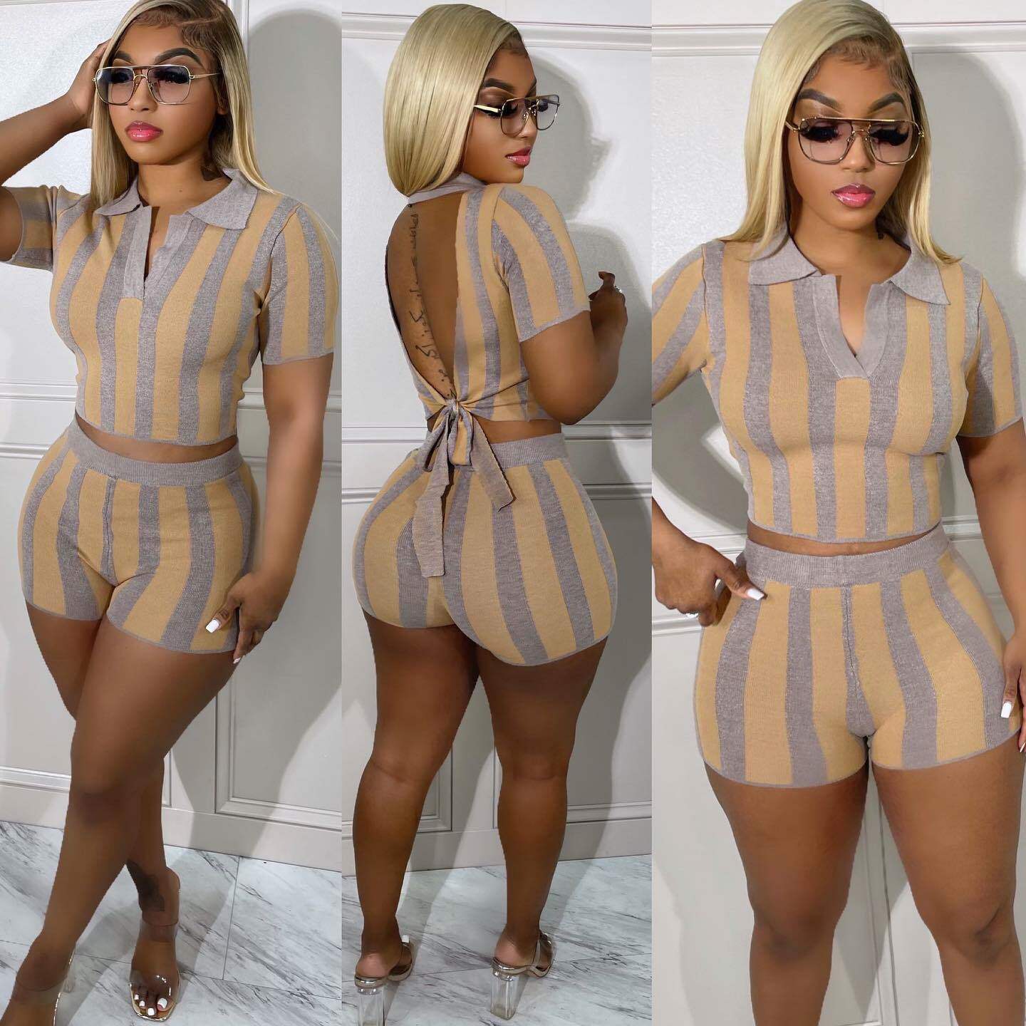 Y5238  欧美女装时尚流行数码坑条印花性感露背短袖两件套