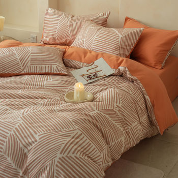 Class a 100% Cotton Xinjiang Cotton Brushed Bed Four-Piece Set Pure Cotton Thickeneded Stripesd Quilt Cover Double Bed Bed Sheets