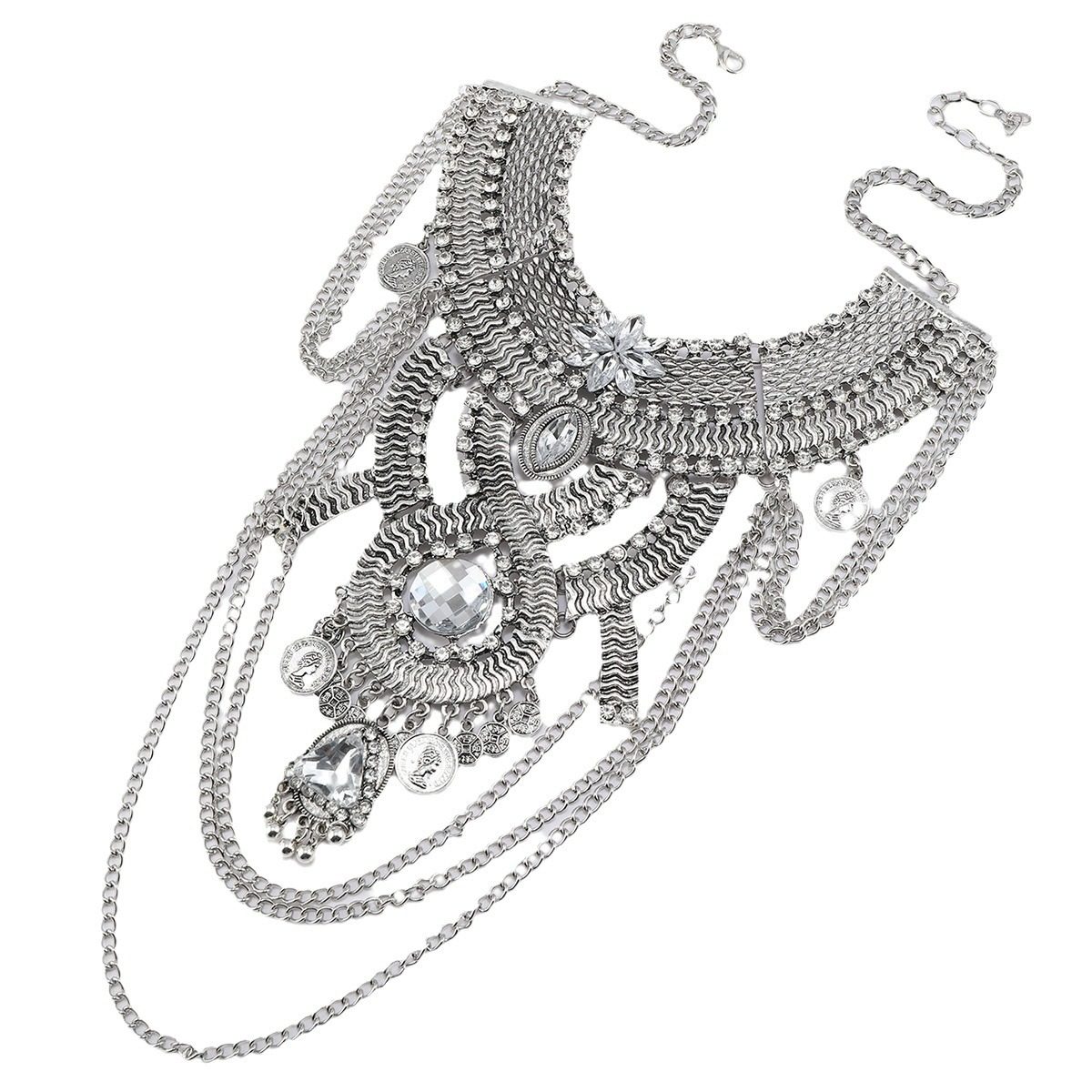 Fashion Retro Carved 8-character Large Exaggerated Tassel Multi-layer Diamond Necklace Women Casual Party Short Collar