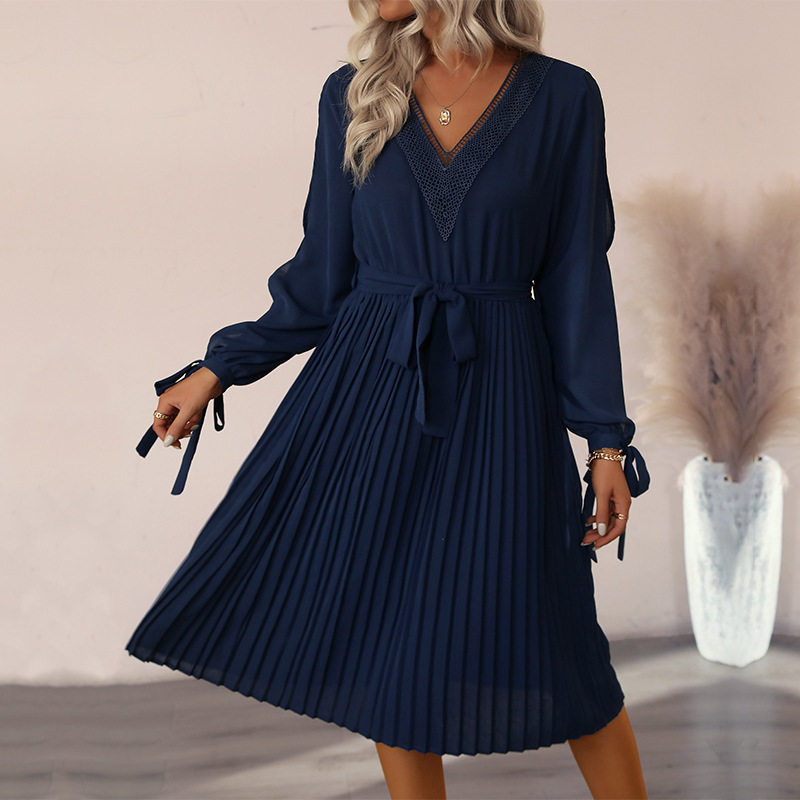 Womens Long Sleeve Hollow Out Dress Solid Color V Neck European and American Design Perfect for Autumn Occasions