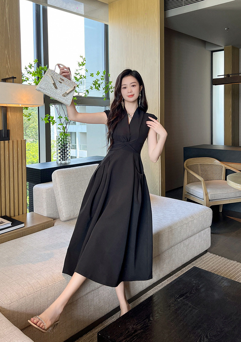 Đầm maxi nữ thắt eo cổ V tay ngắn có túi — [Đen] chi tiết 5