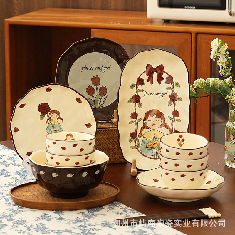 Tulip Girl Tableware Set Household Ceramic Bowls, Chopsticks and Plates Birthday Gifts for Women Souvenirs for Moving into a New Home Gifts