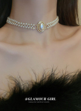 巴洛克椭圆珍珠镶钻双层项链时尚气质颈链复古森系夸张百搭项饰女