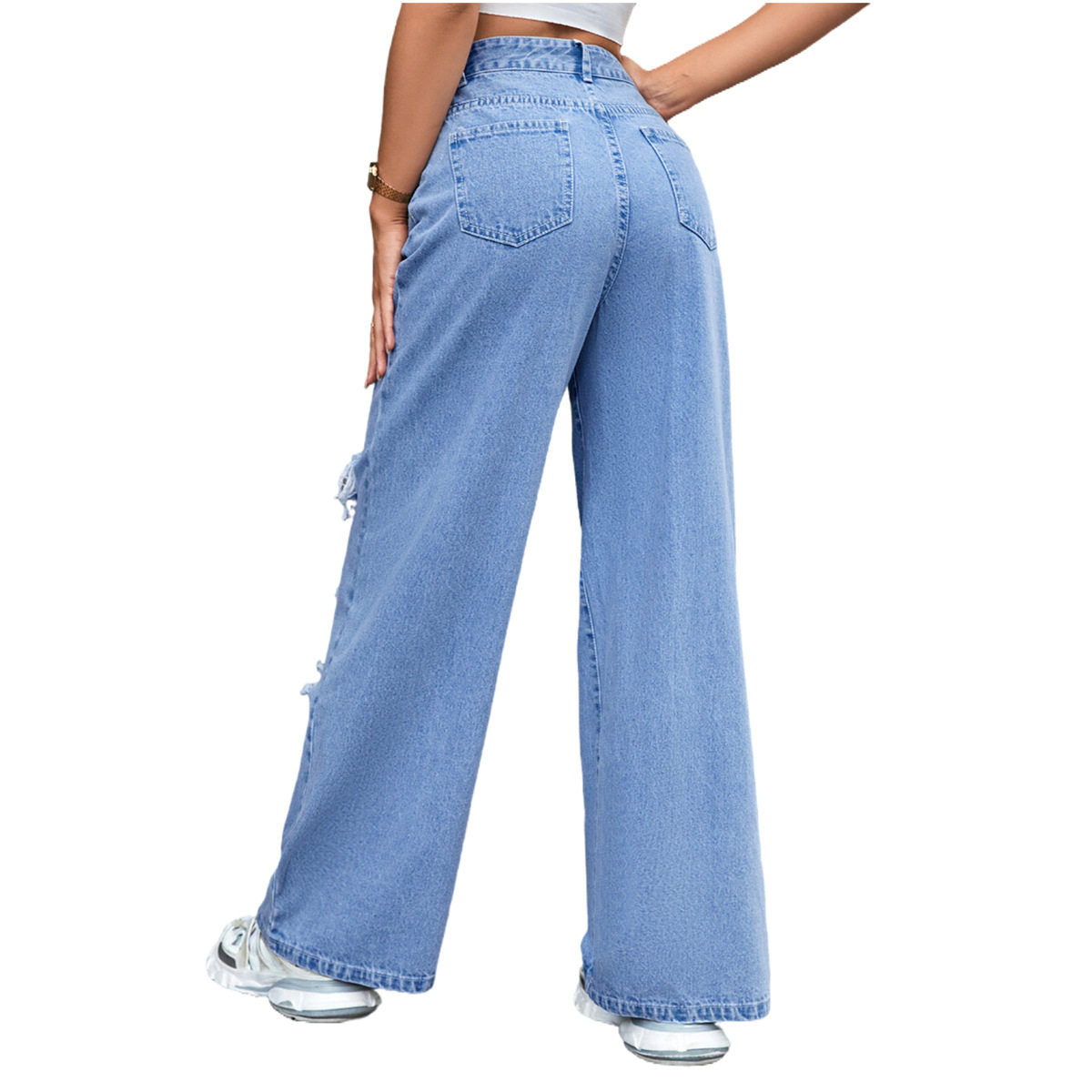 High Waisted Wide Leg Distressed Jeans Loose Fit Casual Style Trendy Design Perfect for Everyday Wear Wholesale